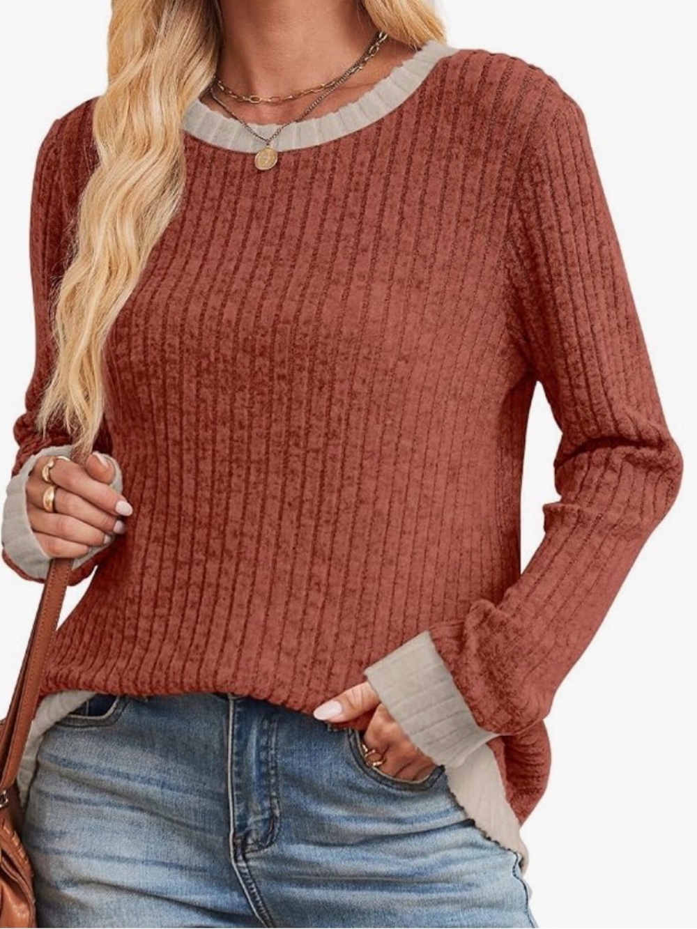 Women's Rust Crewneck Sweater with grey Contrast Trim